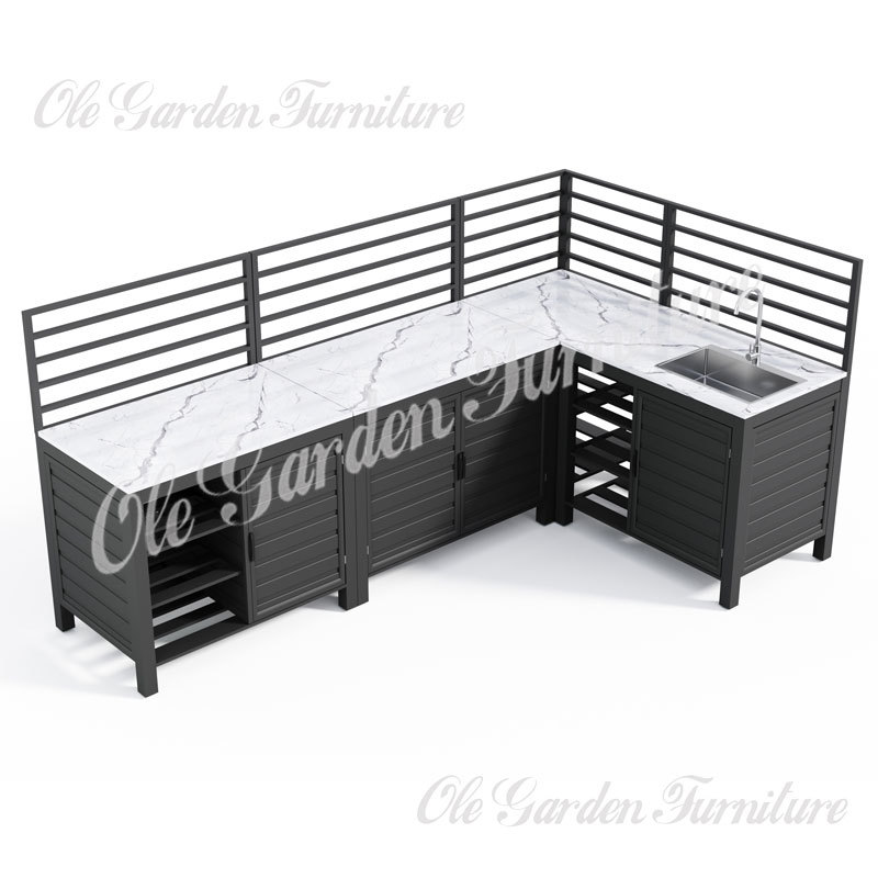 AL4048 JULIAN 铝制 4 件石质 L 形户外消防厨房,带围栏 AL4048 JULIAN 铝制 4 件石质 L 形户外消防厨房,带围栏